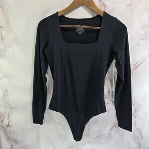 Everlane Bodysuit Womens Black Thong Long Sleeve Square Neck Supima Cotton